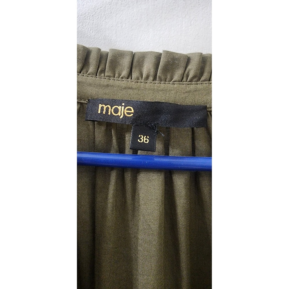 Maje Olive Green Ruffle Tiered Mini Dress Long Sleeve Belted Size 36 US 4 6 - Picture 4 of 8